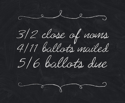 election timeline: 3/2 close  noms, 4/11 ballots mailed, 5/6 ballots due