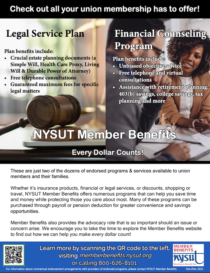 NYSUT member benefits ads for legal services and financial counseling