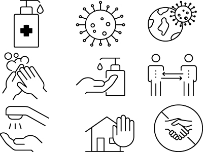 Collage of Covid-related images (hand sanitizer, washing hands, social distancing, etc.)