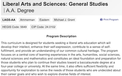 screenshot of general studies curriculum page
