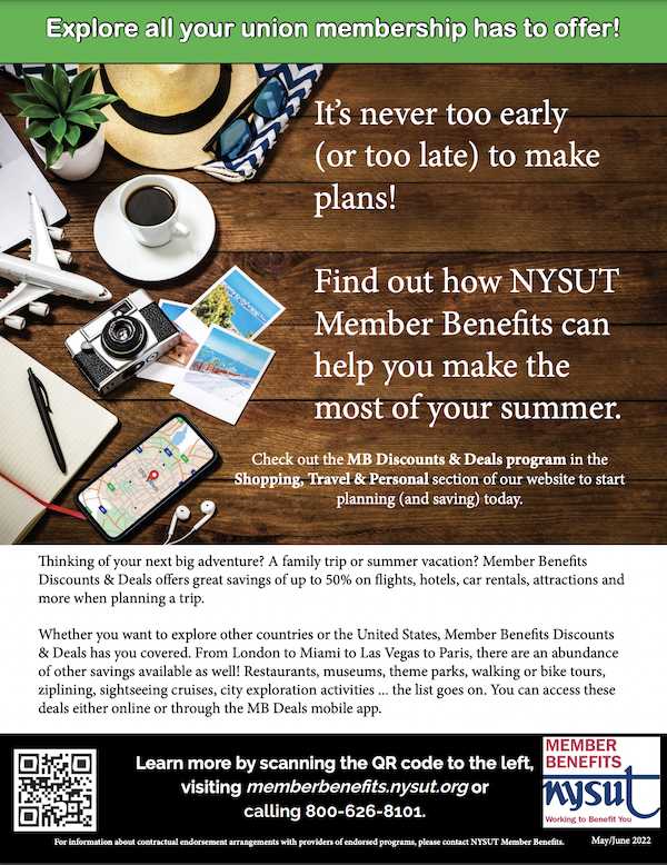 NYSUT ad for member benefits for travel this summer
