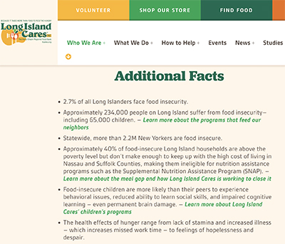 screenshot of statistics from Long Island Cares showing an estimated 234,000 LI'ers suffer food insecurity