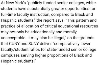 quote from article on racial disparities among FT and adjunct faculty in SUNY and CUNY four-year colleges; read more here https://www.insidehighered.com/news/2021/12/02/race-and-full-time-faculty-student-ratios-suny-cuny