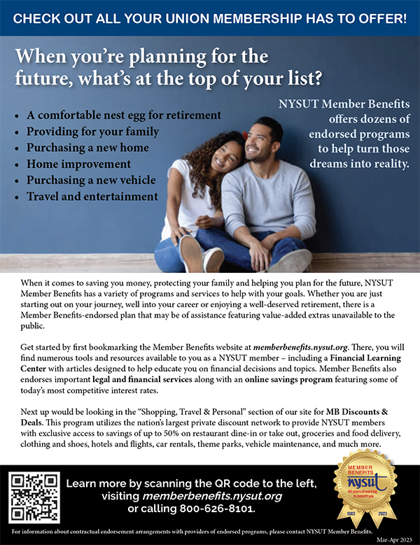 NYSUT Member Benefits ad showing two people leaning on one another (text same as article)