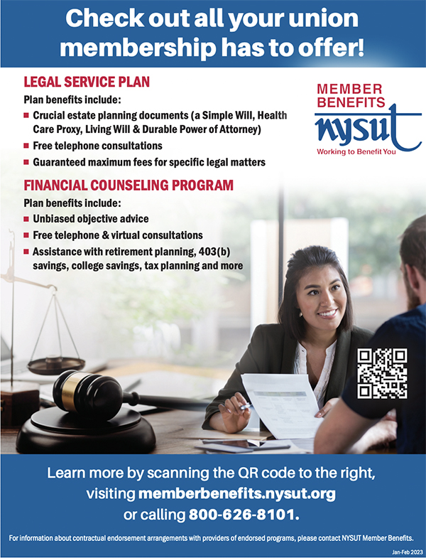 NYSUT member benefit ad offering legal and financial counseling programs