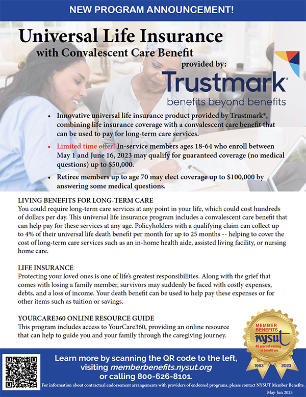 NYSUT Member Benefit ad offering universal life insurance with convalescent care
