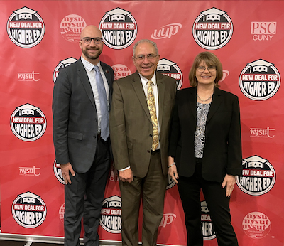 FA President Dante Morelli, left, and Executive VP Courtney Brewer, right, pose with NYSUT President Andy Pallotta during Higher Ed Advocacy Day. 