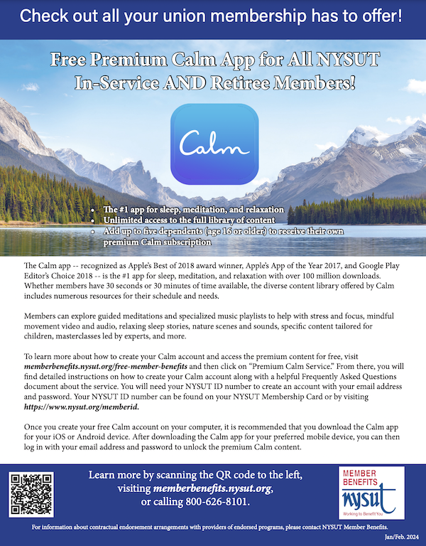 NYSUT Member Benefits ad for the Calm app, with content shown in text above