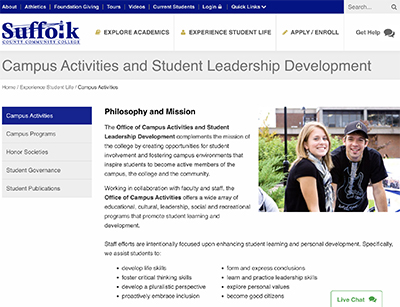 screenshot of Campus Activities homepage